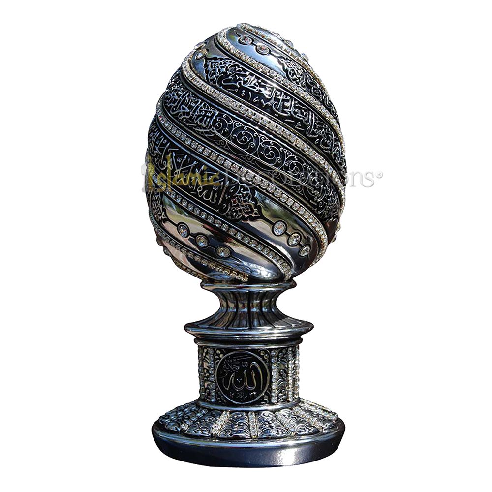 Silver Egg Ayatul Kursi Clear Crystal 7-1/2 In Molded Ornament – Islamic Calligraphy Art