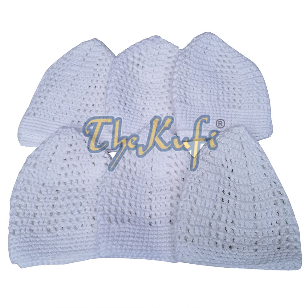 Lot of 6 White Kufi Tight & Loose Weave Design Crochet Knit Cap