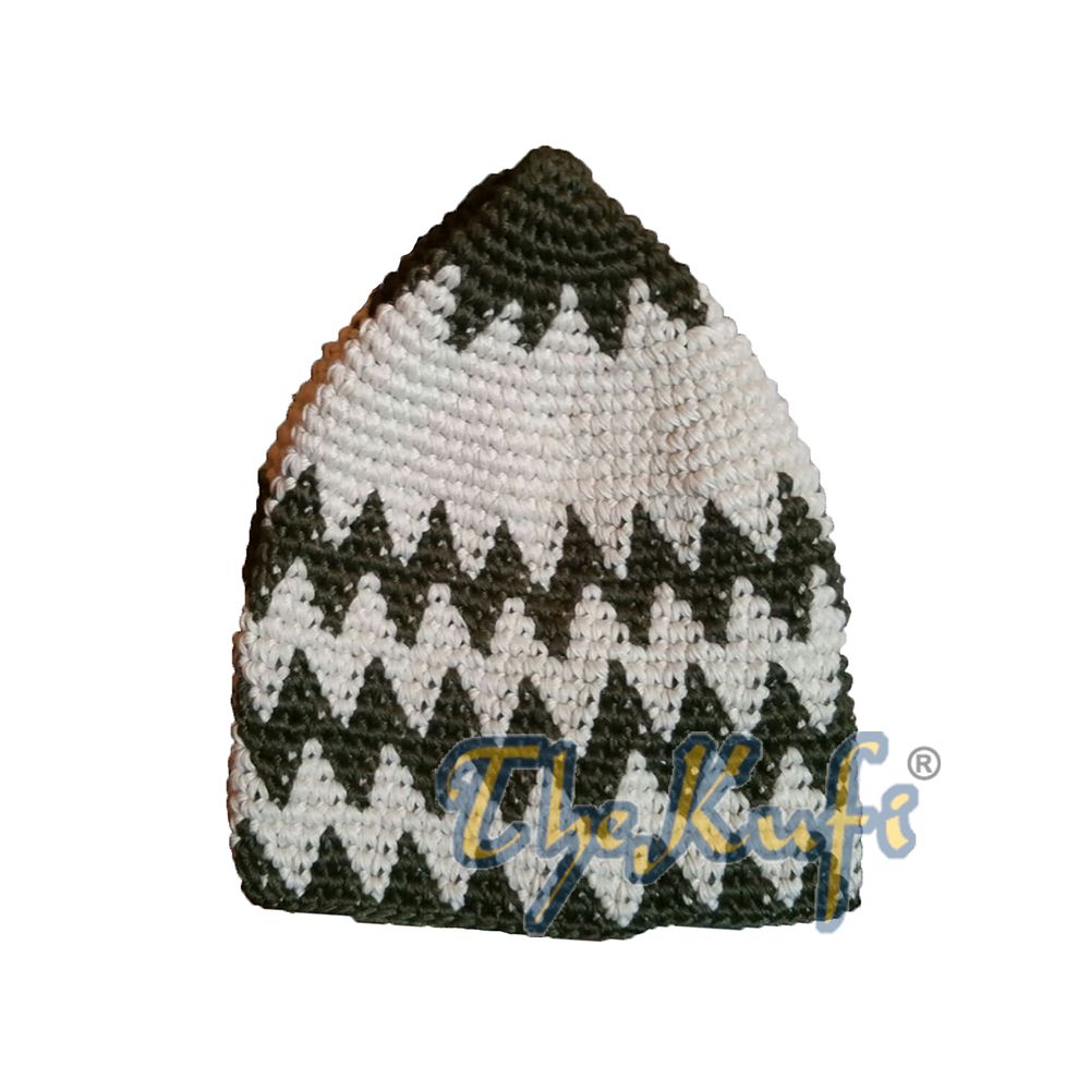Hand-Crocheted Cotton Sturdy Dark Army Green & Cream Zigzag Kufi Hat