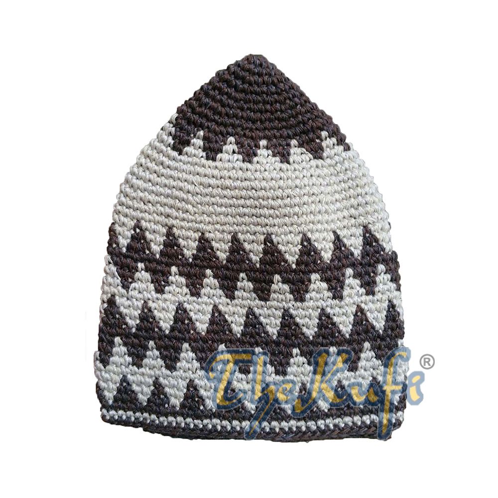 Hand-Crocheted Cotton Sturdy Faded Dark Brown & Faded Light Brown Zigzag Kufi Hat