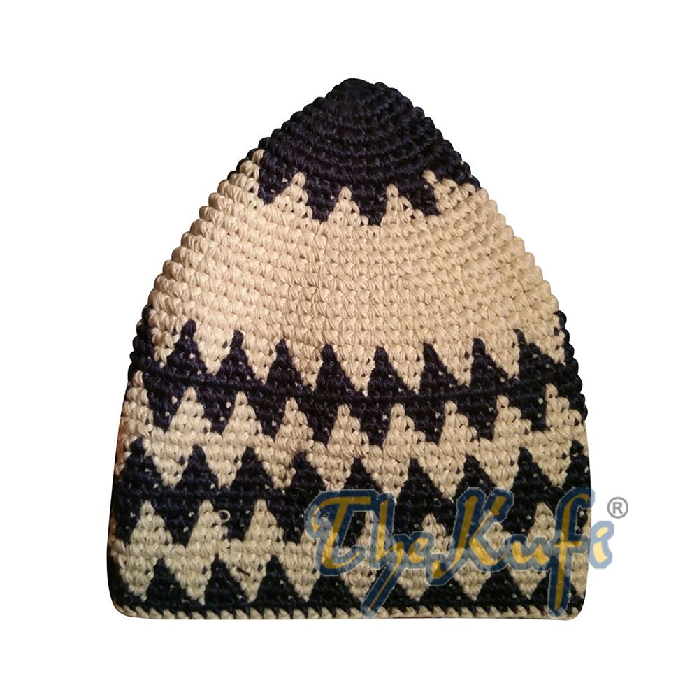 Hand-Crocheted Cotton Sturdy Dark Blue & Khaki Zigzag Kufi Hat