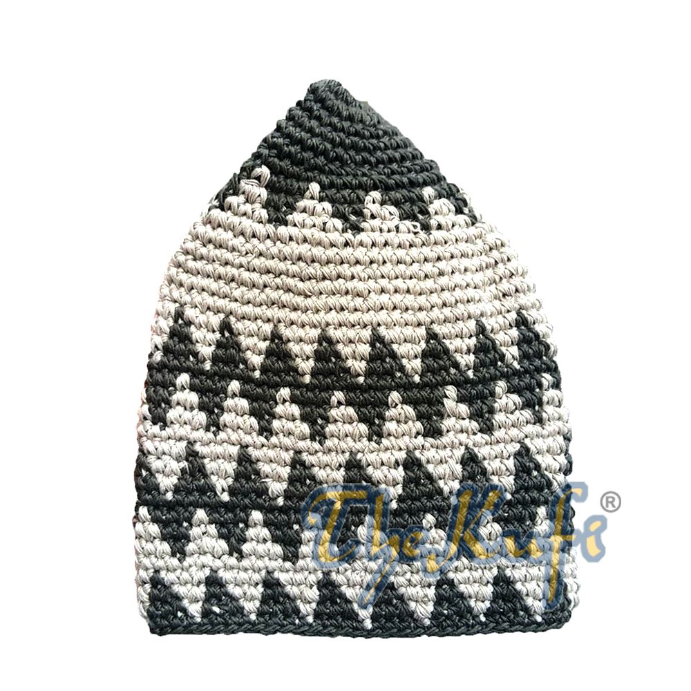 Hand-Crocheted Cotton Sturdy Dark Olive Green & Khaki Zigzag Kufi Hat