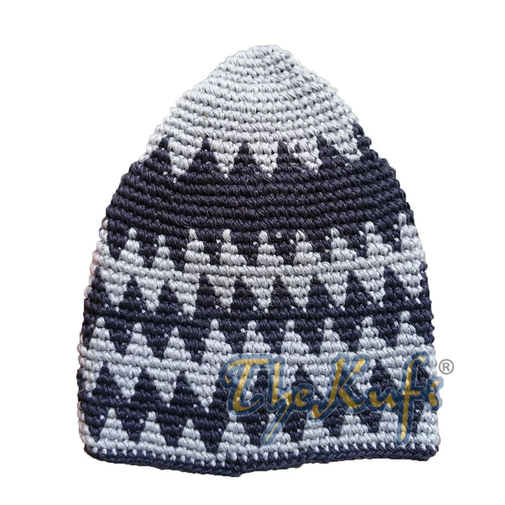 Hand-Crocheted Cotton Sturdy Dark Gray & Dark Blue Zigzag Kufi Hat