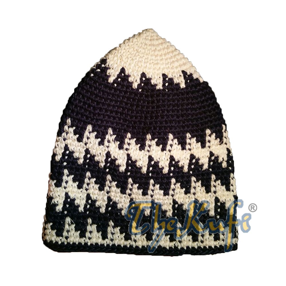 Hand-Crocheted Cotton Sturdy Faded Cream & Dark Blue Hounds-Tooth Zigzag Kufi Hat