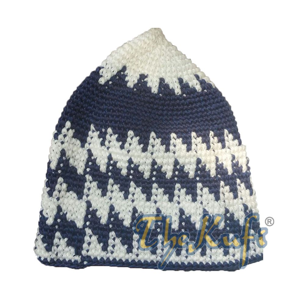 Hand-Crocheted Cotton Sturdy Off-White & Cobalt Blue Mix Hounds-Tooth Zigzag Kufi Hat