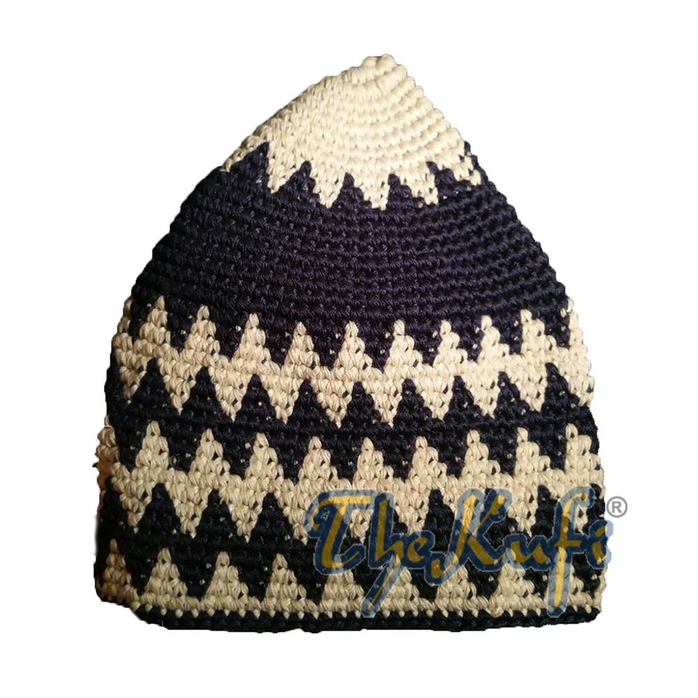 Hand-Crocheted Cotton Sturdy Off-White & Dark Blue Hounds-Tooth Zigzag Kufi Hat