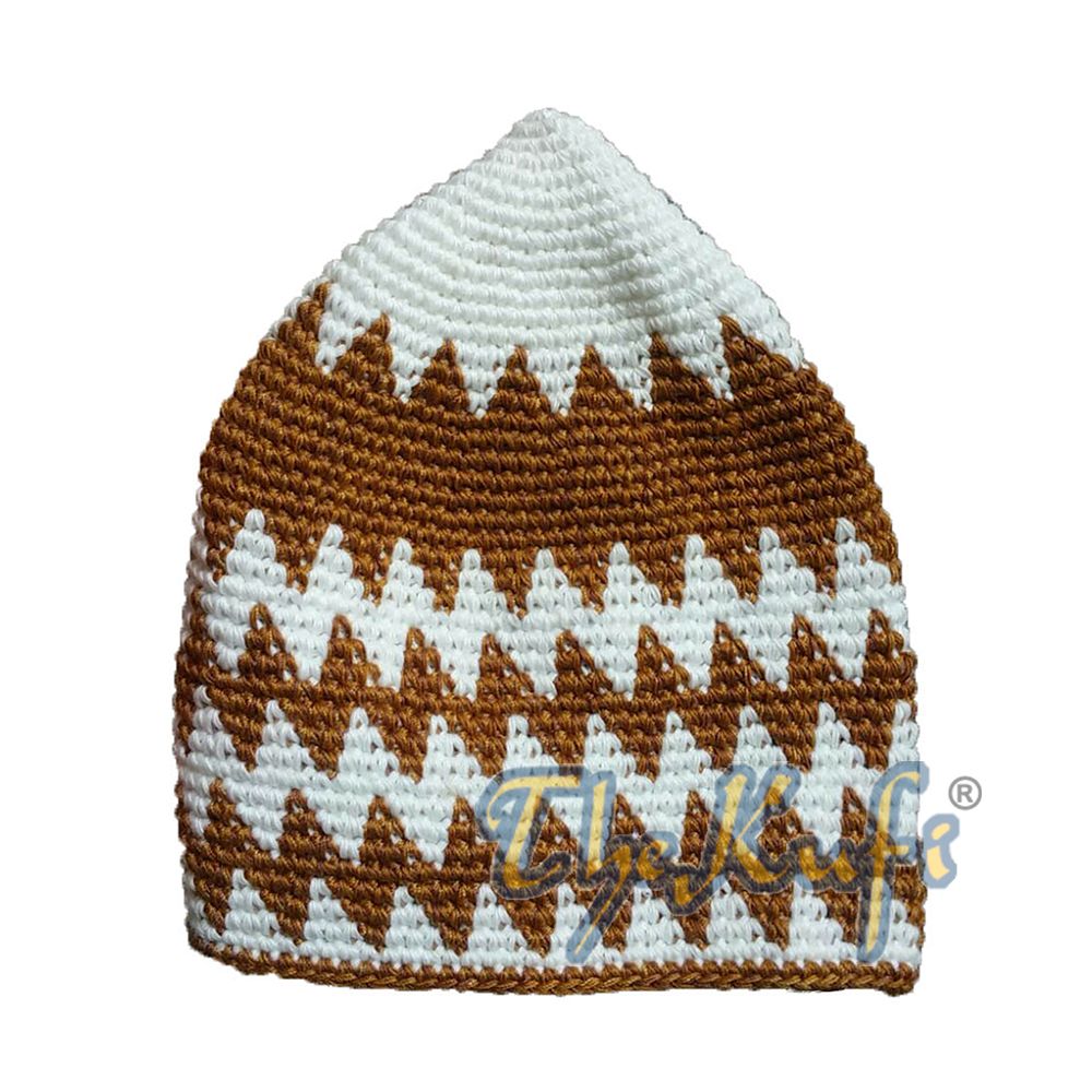 Hand-Crocheted Cotton Sturdy Off-White & Rust Brown Zigzag Kufi Hat