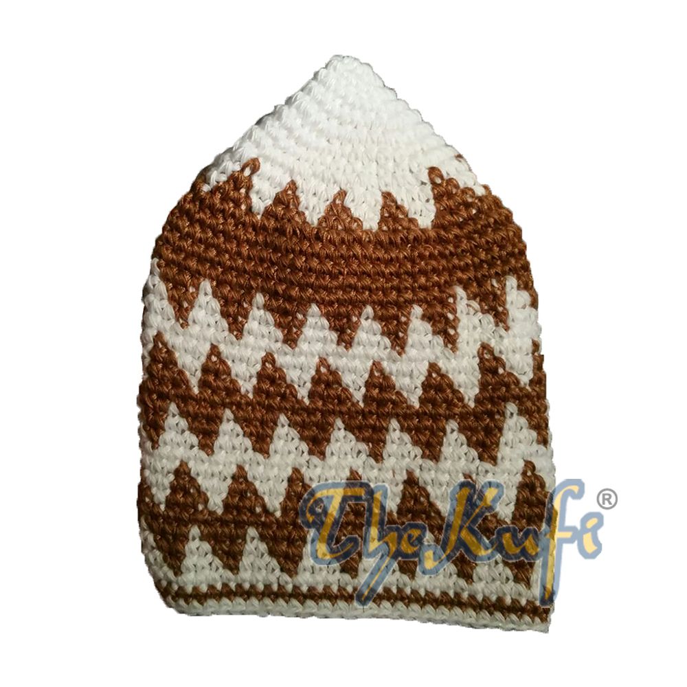 Hand-Crocheted Cotton Sturdy Off-White & Rust Zigzag Kufi Hat