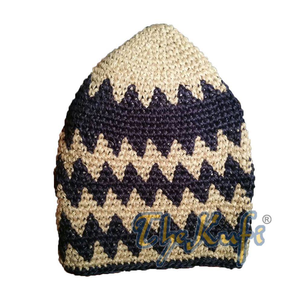 Hand-Crocheted Cotton Sturdy Faded Khaki & Blue Mix Zigzag Kufi Hat