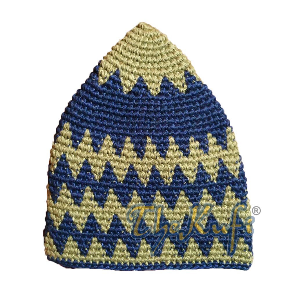 Hand-Crocheted Cotton Sturdy Greenish Khaki & Dark Blue Zigzag Kufi Hat