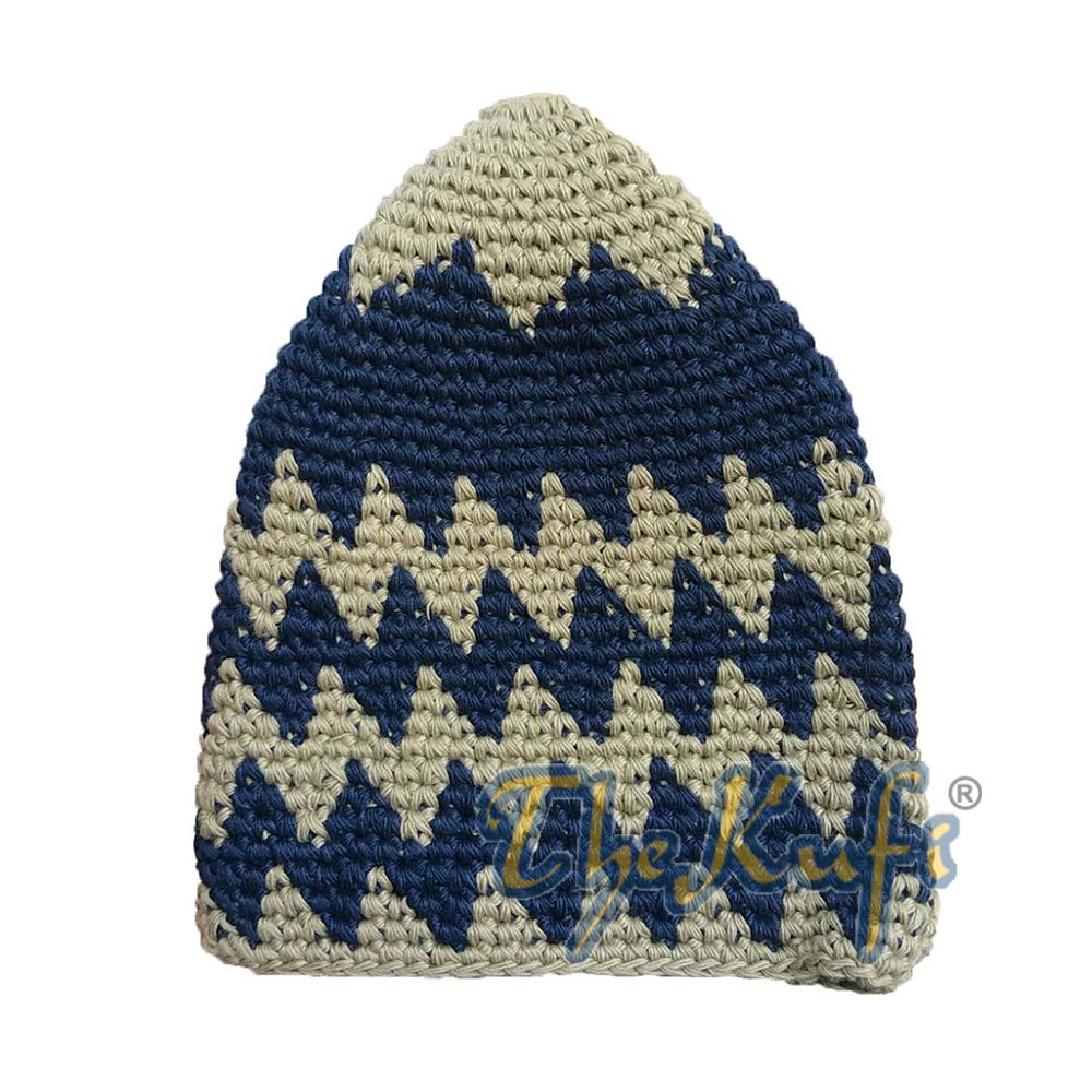 Hand-Crocheted Cotton Sturdy Khaki & Dark Blue Zigzag Kufi Hat