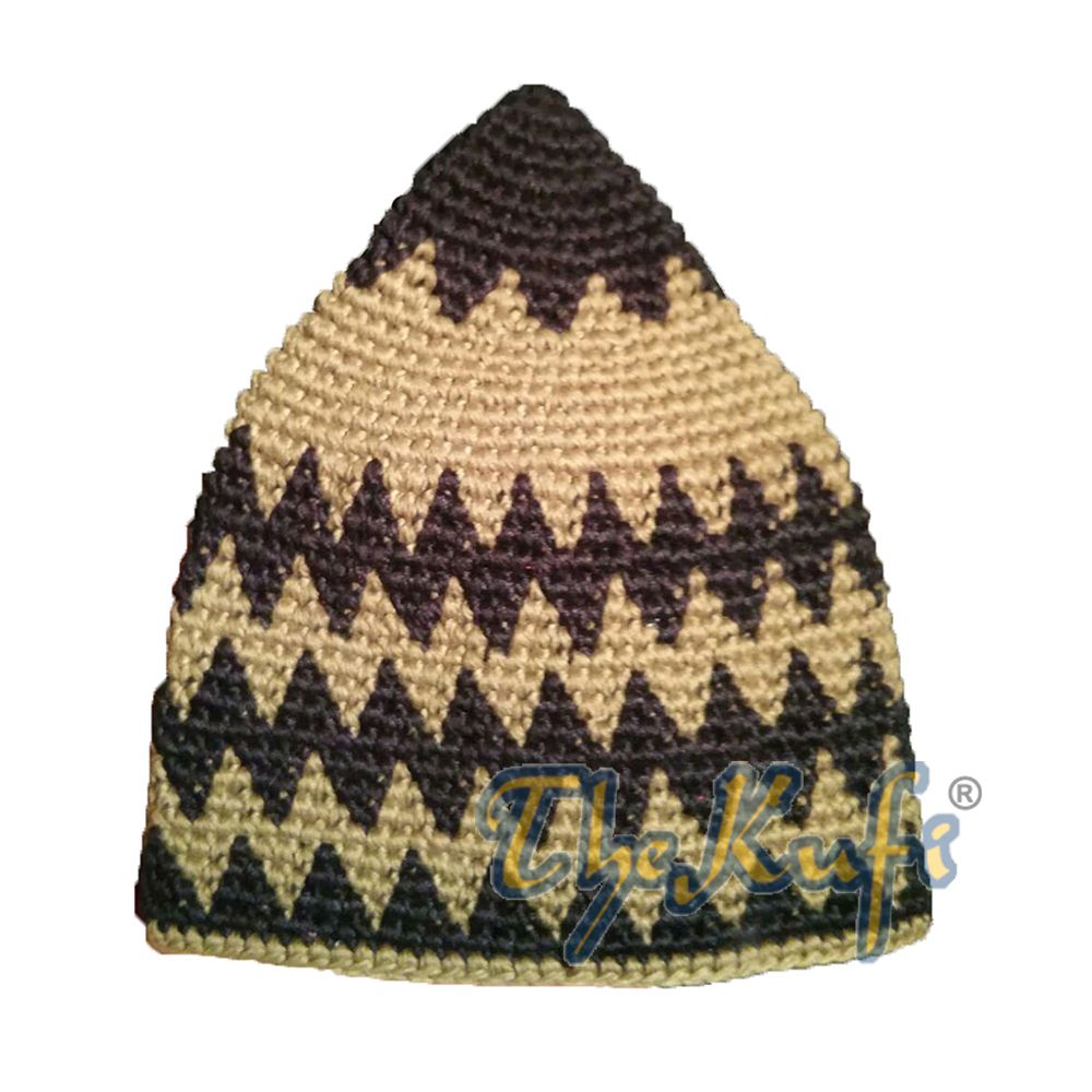 Hand-Crocheted Cotton Sturdy Indigo & Greenish Khaki Zigzag Kufi Hat