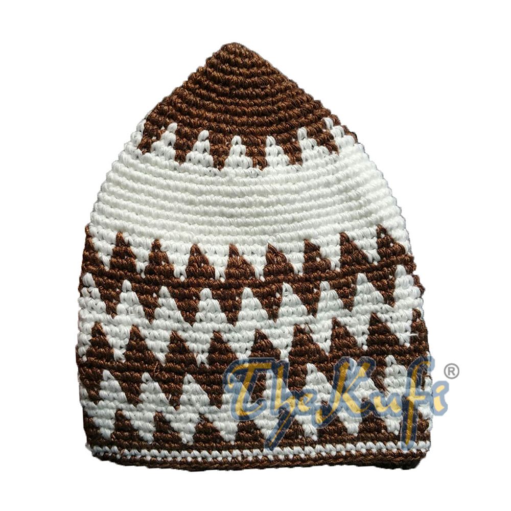 Hand-Crocheted Cotton Sturdy Dark Rust Brown & Off-White Zigzag Kufi Hat