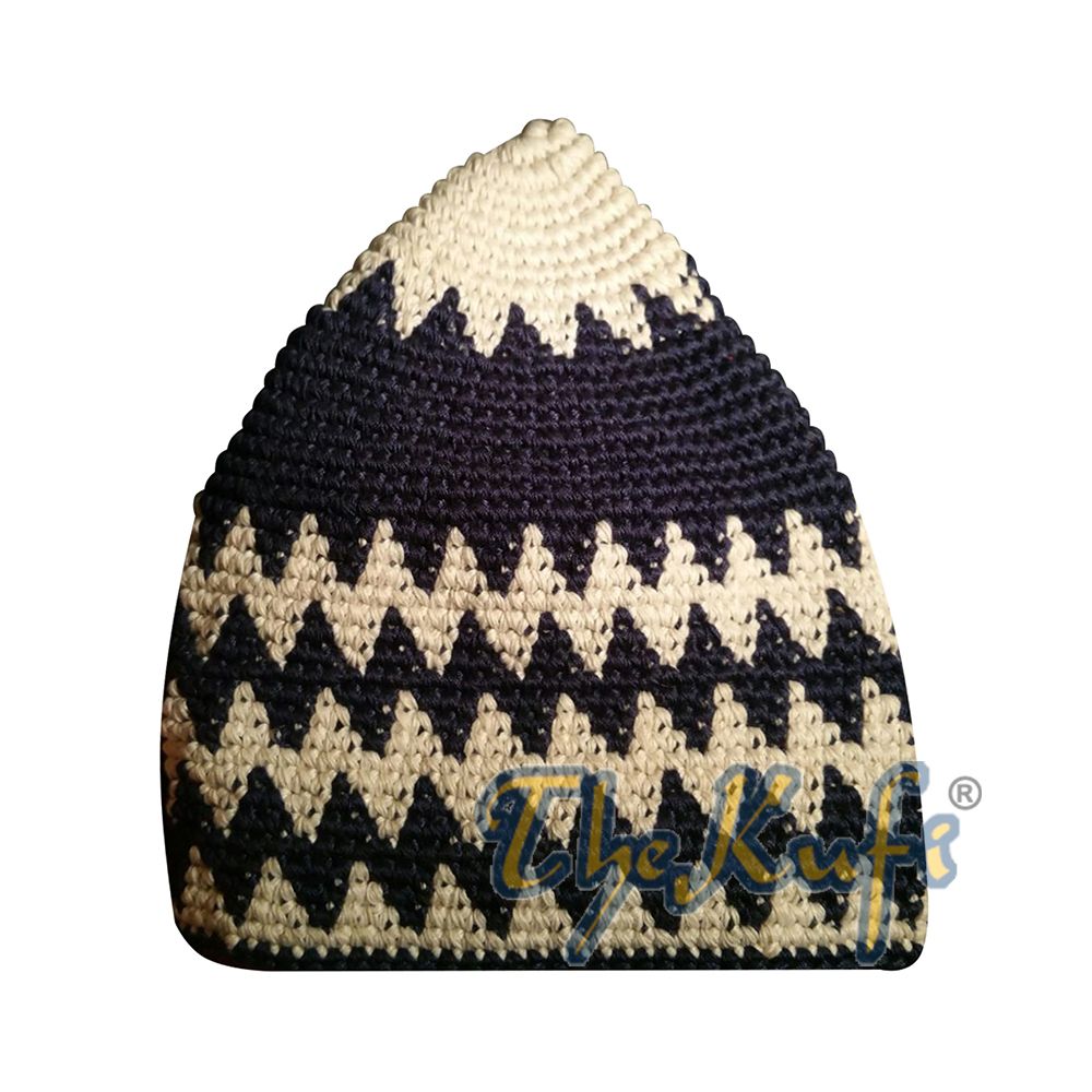 Hand-Crocheted Cotton Sturdy White & Dark Blue Zigzag Kufi Hat