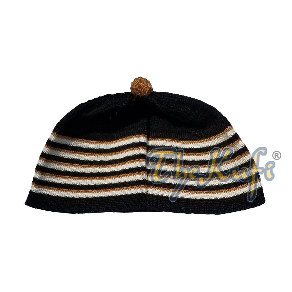 Baby Kufi Black White Brown Stripes Soft Cotton Kufi Skull Cap with Pom-Pom Top