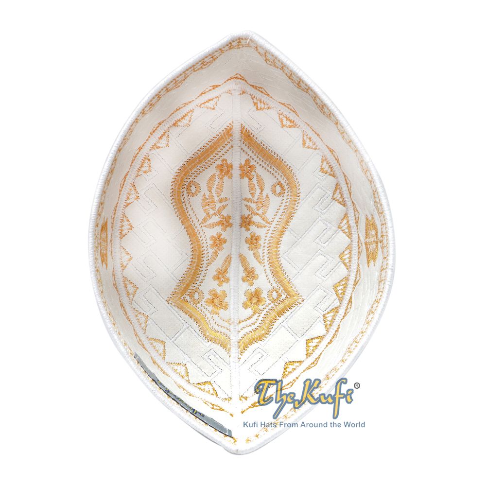 Textured White and Gold Embroidered Sandal Kufi Hat