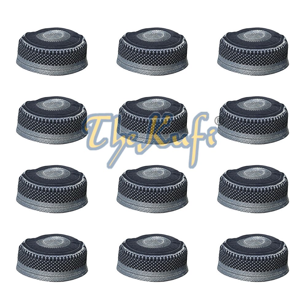 Lot of 12 Wholesale Black Silver Thread Padded Kufi Hat