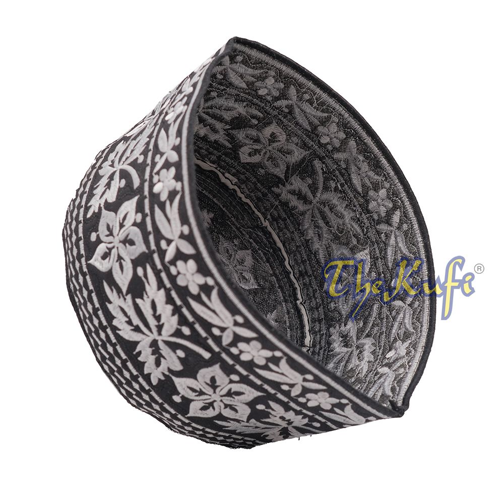 Silver Omani African Yemeni Embroidered Leaf & Flower Design Muslim Kufi Hat