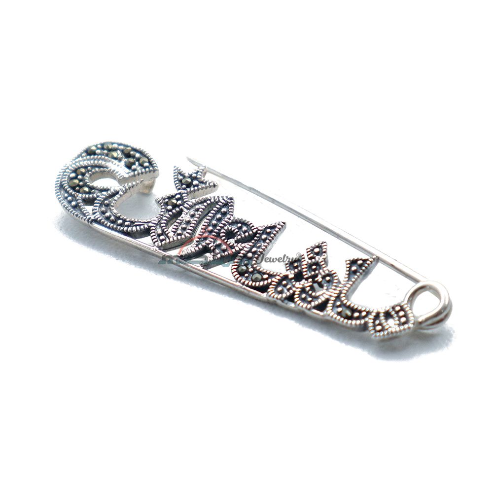 Small Mashaallah Silver Islamic Scarf Pin Brooch Marcasite Stones