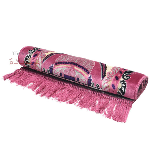 Extra Small Mini Kid’s Prayer Rug Pink & Black Mosque 14×25-In (35x63cm) For Salat Ja Namaz