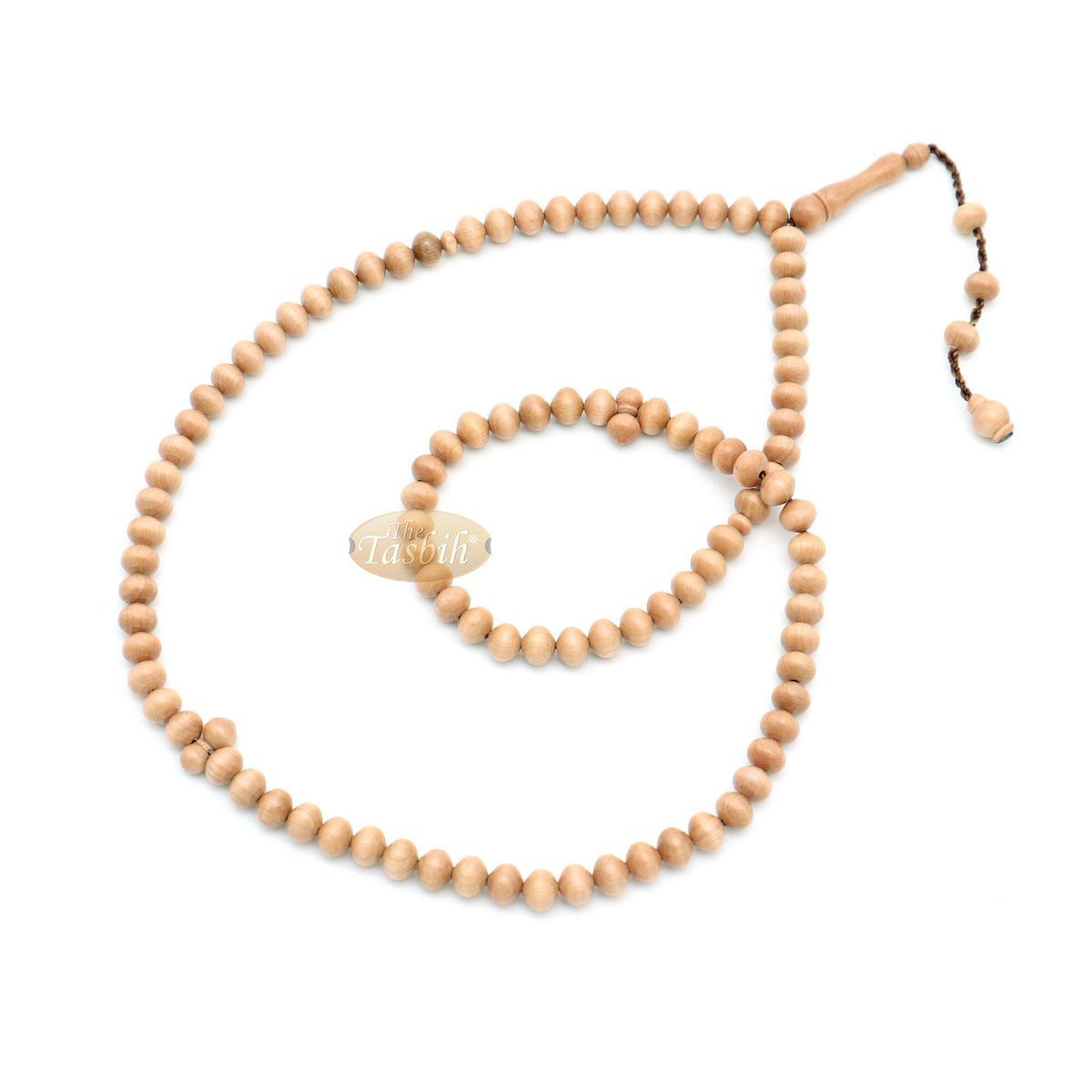Wooden Muslim Tasbih – Light Brown Tapered Oval Beads 99-Ct Turkish 7×8 mm Stops