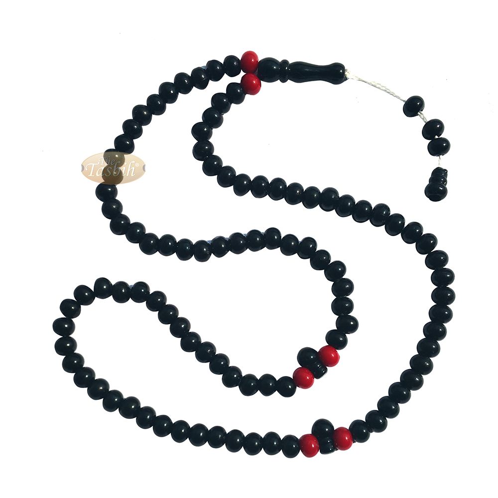 Small Black Plastic Tasbih 6×7 mm Beads with Red Accent Beads