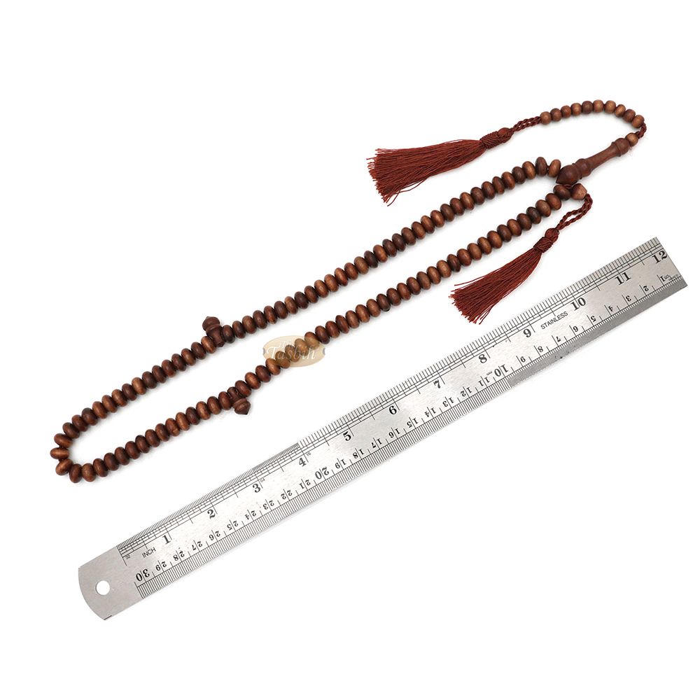 Ironwood Islamic Misbaha Tasbih – 10×5 mm 99-Bead Flat Oval Handmade Muslim Prayer Beads with 2 Brown Tassels