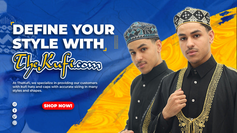 Modern Islamic fashion banner featuring men in patterned kufi hats from TheKufi.com, highlighting traditional Muslim headwear styles.