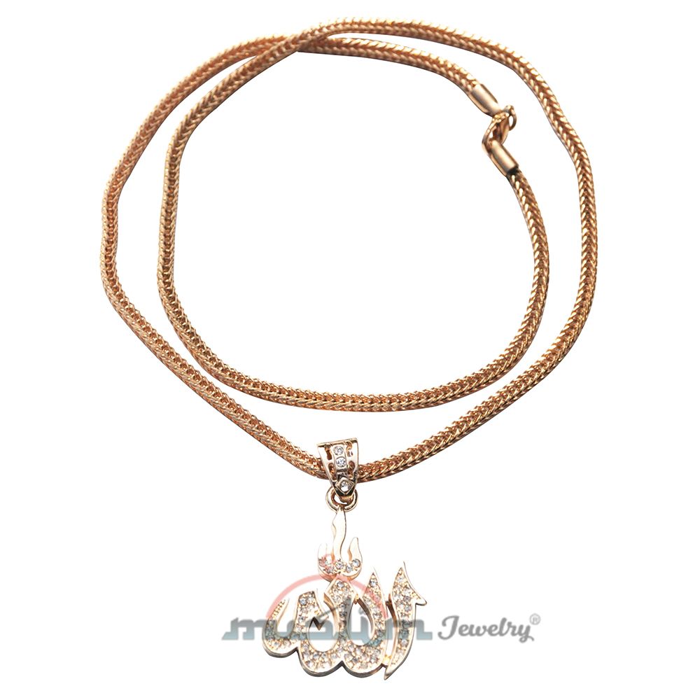 Large Gold Allah Pendant with Rhinestones Gold-Tone On 24″-(61 cm) Fox Tail Chain