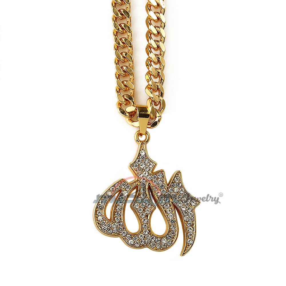 Large Gold Tone Allah Pendant with Rhinestones with Chain