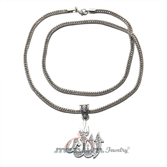 Beautiful Silver Allah Pendant with Rhinestones Fox Chain