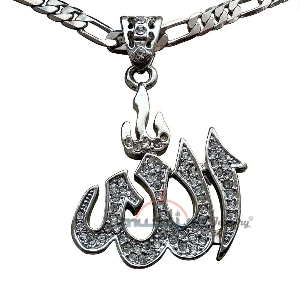 Silver-Tone Rhinestones Arabic Allah Pendant 61 cm Figaro Chain