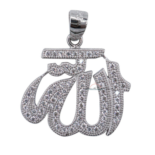 Small Allah Pendant Rhodium-Plated Silver with Cubic Zirconia