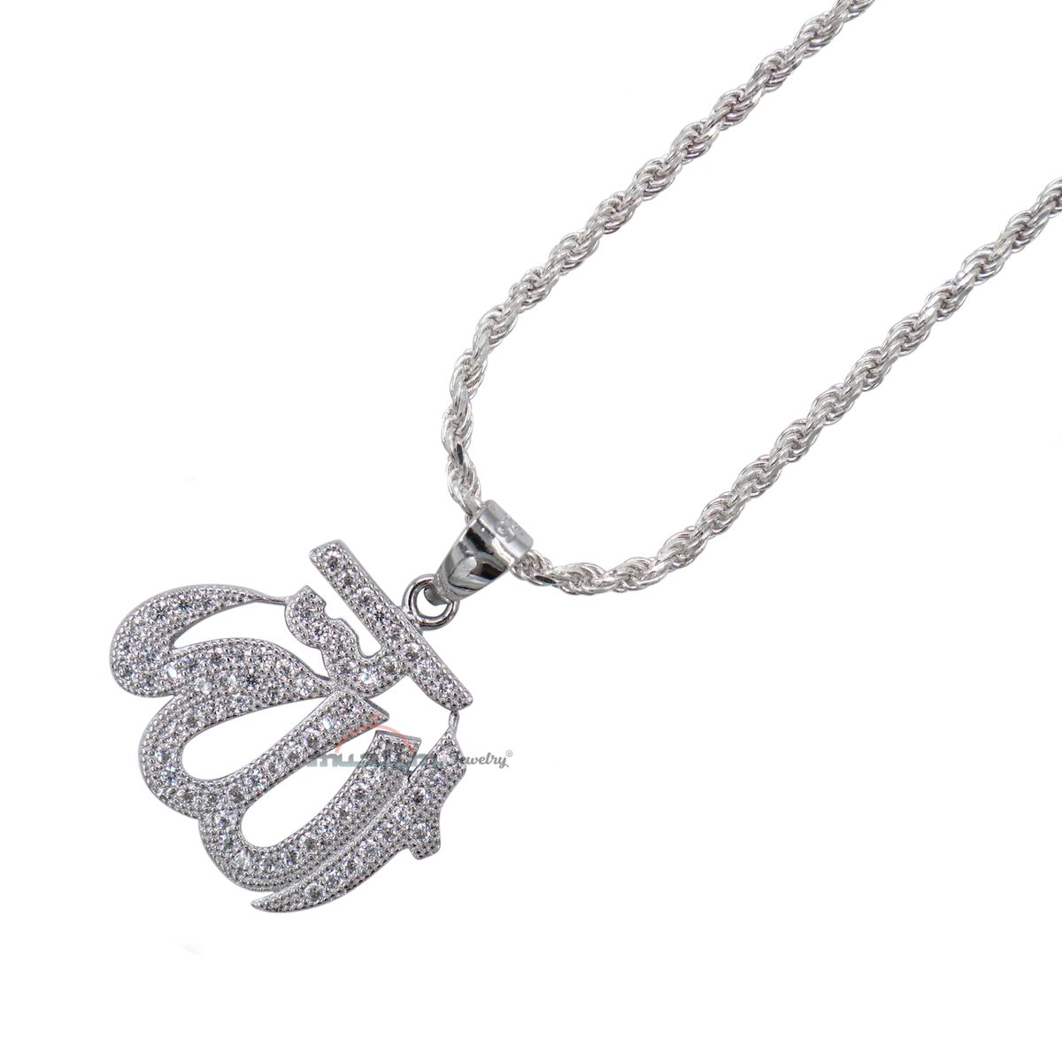 Small Allah Pendant Rhodium-Plated Silver with Cubic Zirconia