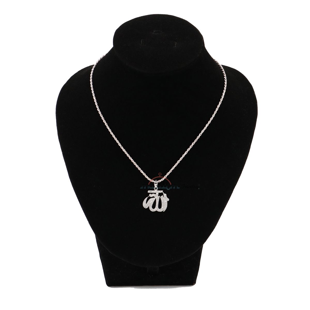 Small Allah Pendant Rhodium-Plated Silver with Cubic Zirconia