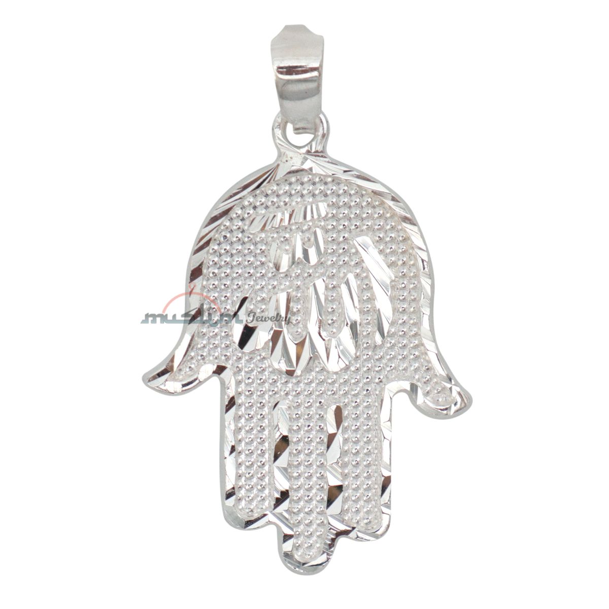 Large-Size Sterling Silver Shiny Hand Allah Hand Diamond-Cut Edge Design Pendant