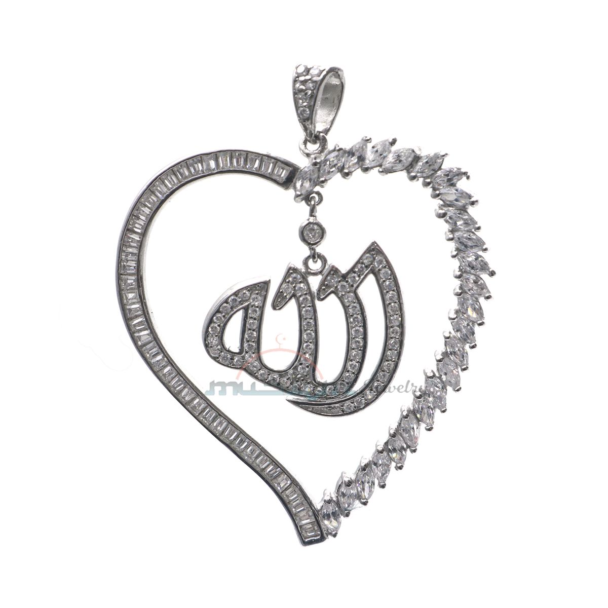 Large Allah Pendant Rhodium-Plated CZ Silver Heart Shape Design