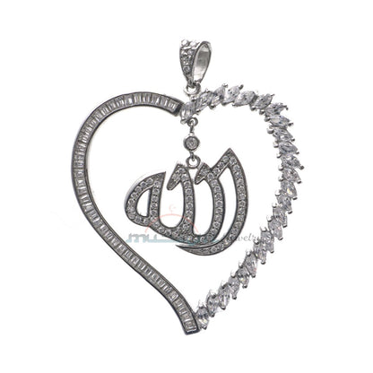 Large Allah Pendant Rhodium-Plated CZ Silver Heart Shape Design
