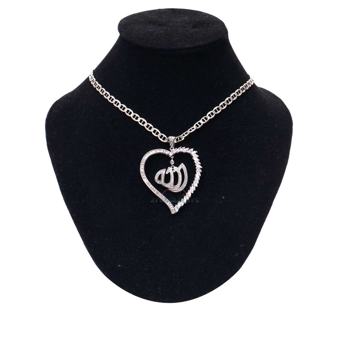 Large Allah Pendant Rhodium-Plated CZ Silver Heart Shape Design