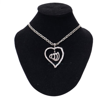 Large Allah Pendant Rhodium-Plated CZ Silver Heart Shape Design