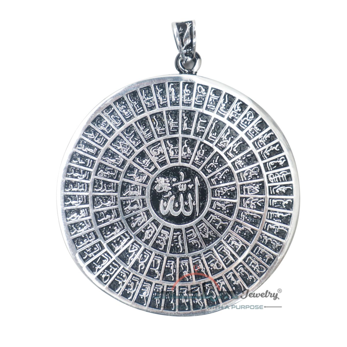 Sterling Silver 99 Names Of God Large Shiny Islamic Pendant – Arabic Asma’Ul-Husna Jewelry 1.24-inch Diameter For Chain Necklace Or Choker In Gift Box