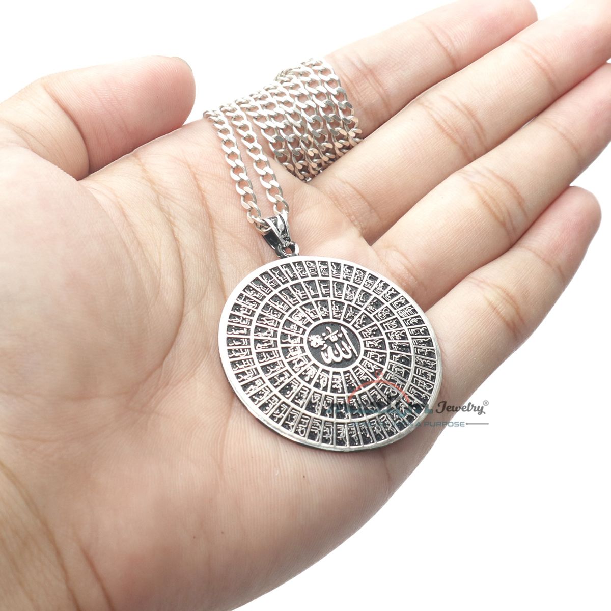 Sterling Silver 99 Names Of God Large Shiny Islamic Pendant – Arabic Asma’Ul-Husna Jewelry 1.24-inch Diameter For Chain Necklace Or Choker In Gift Box