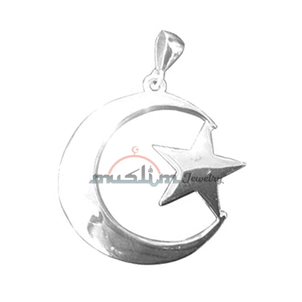 Medium-Size Sterling Silver Islamic Symbol Crescent Moon & Star Pendant 1.5×1-inch