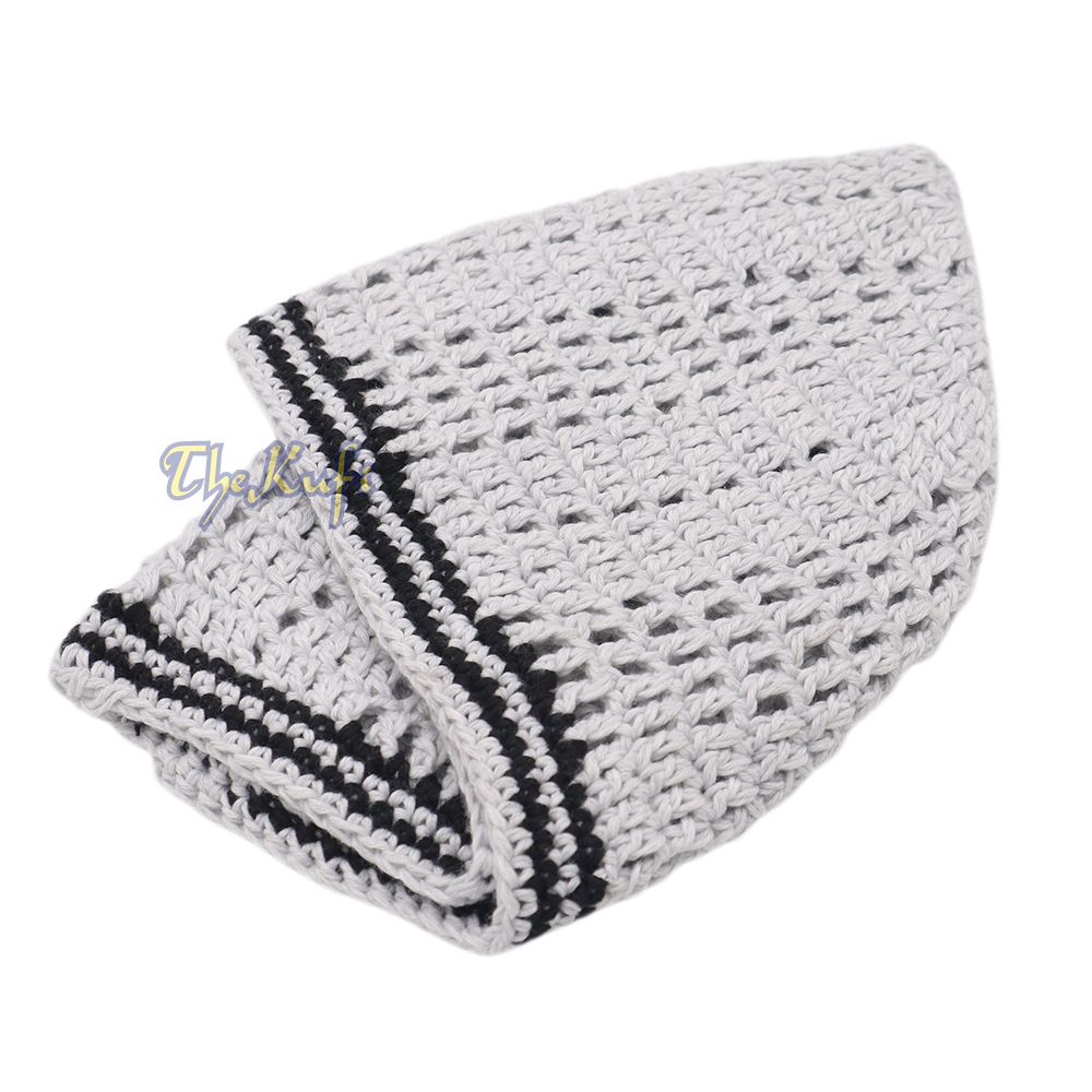 Extra Light Gray with Black Line Open-Weave Design Cotton Skull Cap Kufi