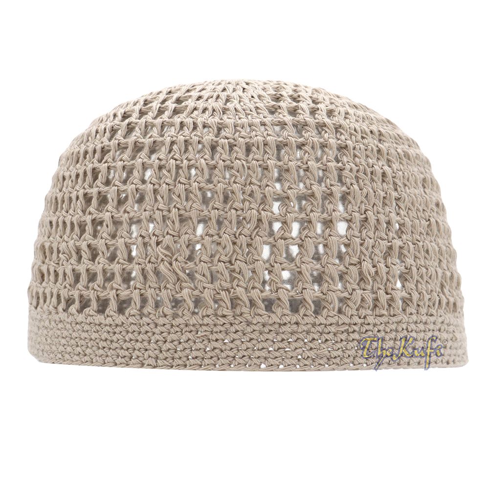 Skull Cap Kufi Cotton Light Brown Tight & Loose Weave Design Crochet Knit Head Cover