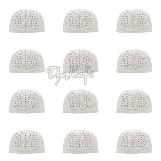 Lot of 12 White Kufi Tight & Loose Weave Design Crochet Knit Cap