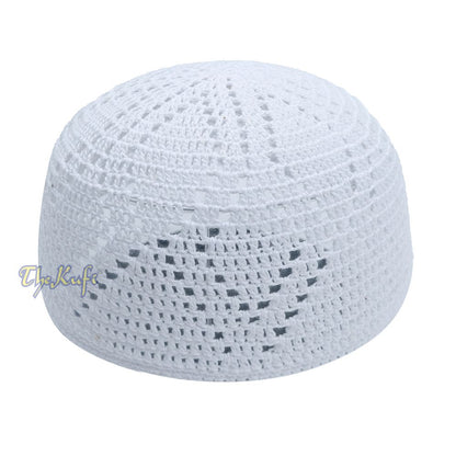 White Hand-Crochet Sanaa Open Weave Double Diamond Design Kufi Cap