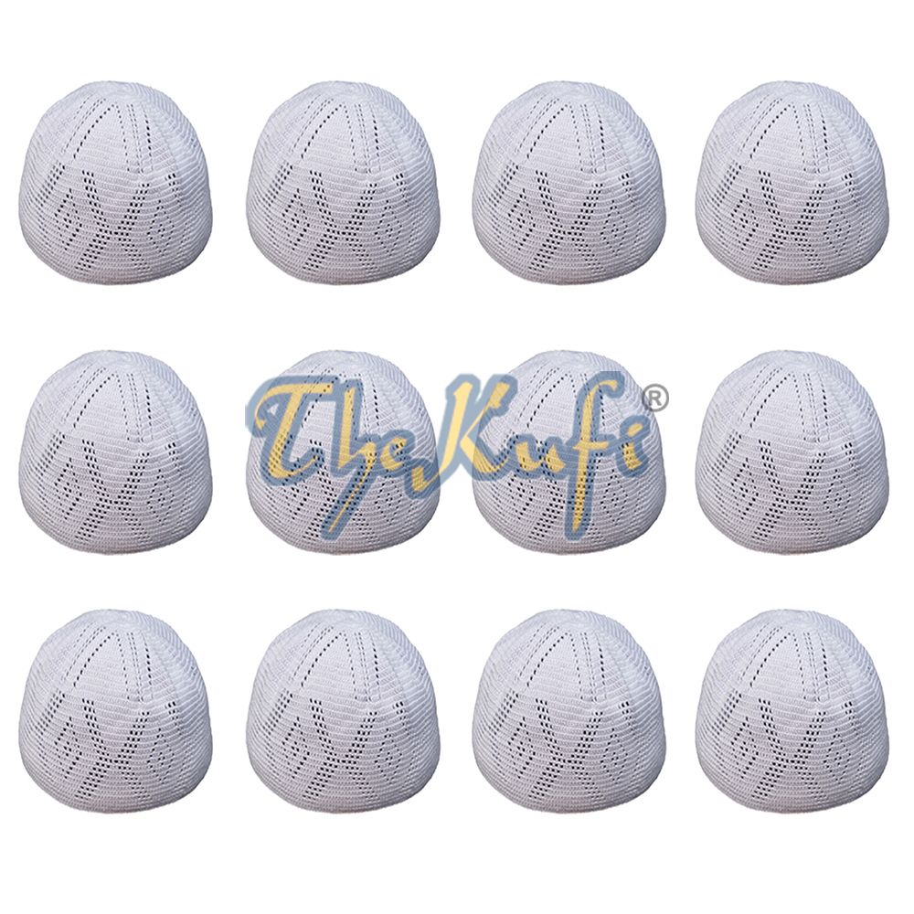 Lot of 12 Hand-Crochet White Sanaa Open-weave Kufis Skull Cap