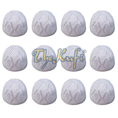 Lot of 12 Hand-Crochet White Sanaa Open-weave Kufis Skull Cap