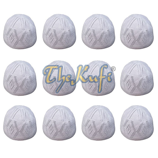 Lot of 12 Hand-Crochet White Sanaa Open-weave Kufis Skull Cap